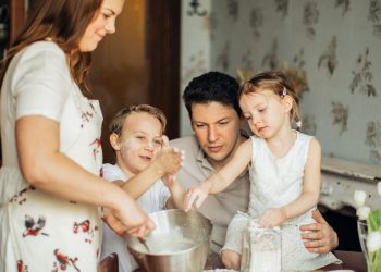 Healthy Activities for Children and Adults during Quarantine 12 Family photo with children and parents mixing ingredients
