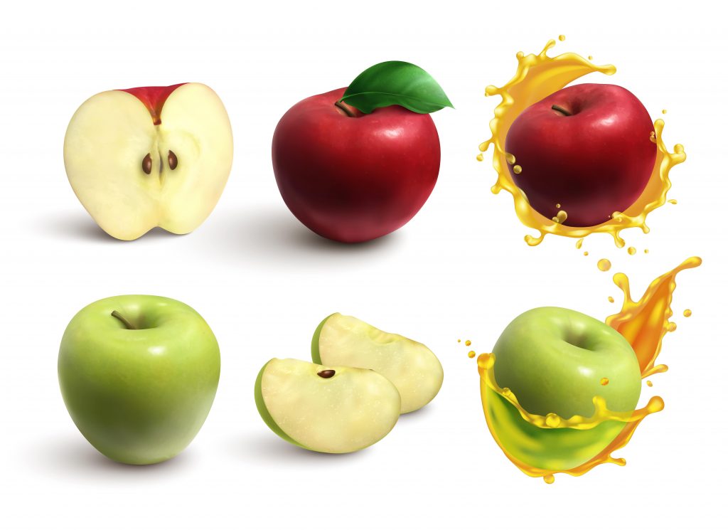 A photo showing different colored Apples with Apple Juice